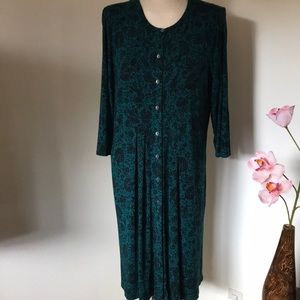J.Jill emerald green with black floral print rayon knit dress size M